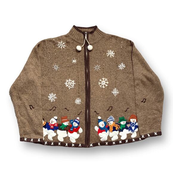 Vintage Ambra Sweater Tan Christmas Full Zip Mock Neck Cardigan Musical Snowman - Picture 1 of 11